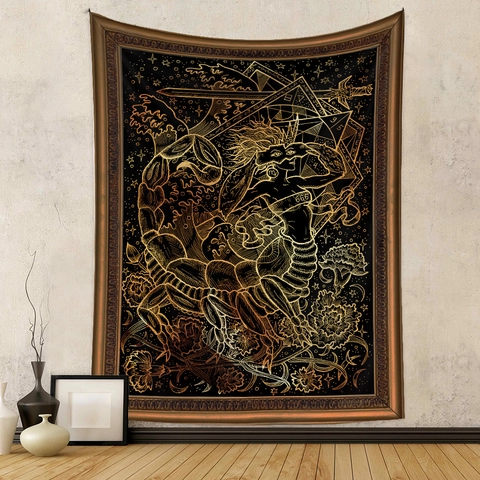 Zodiac Sign Tapestry Black Gold Mystery Mythology Bohemian Vintage Polyester Wall Hanging Decoration Bedroom