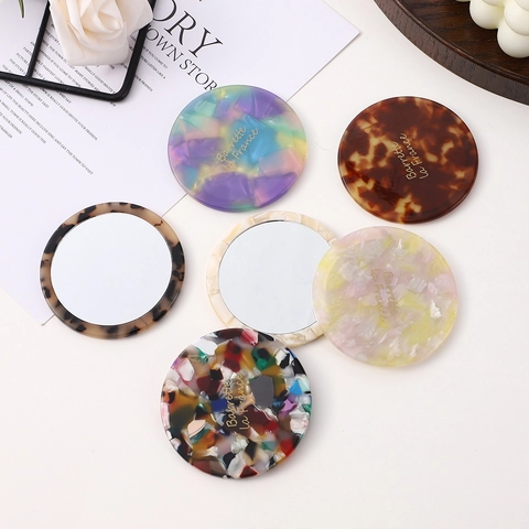 Round Portable Makeup Mirror Acetate Resin Pocket Travel Handheld Compact Marble Tortoiseshell Pattern French Style