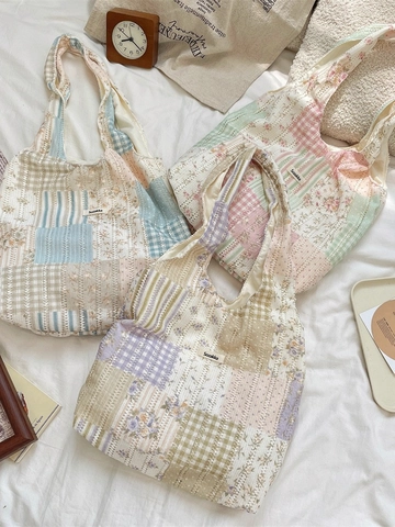 Patchwork Floral Plaid Shoulder Tote Bag Polyester Large Capacity Open Top Handbag For Women Daily Shopping Aesthetic