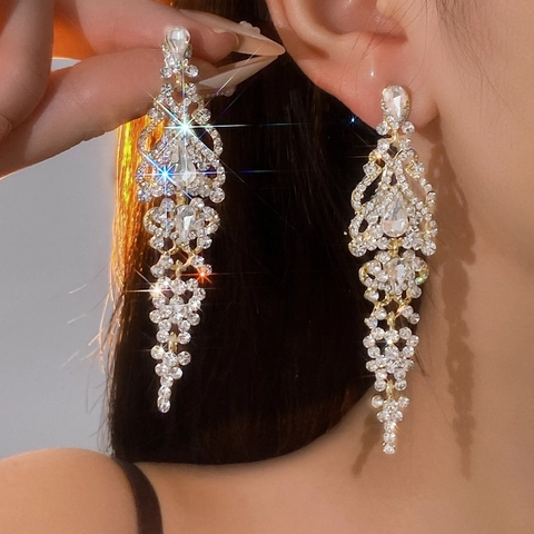 Boucles D'Oreilles Longues À Pampilles En Alliage Strass Avec Tige En Argent Goutte D'Eau Style Palais Mariage Femme