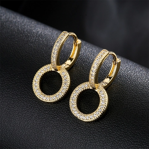 Geometric Double Circle Hoop Dangle Earrings Copper With Micro Pave Zircon 18K Gold Plated Minimalist Elegant For Women