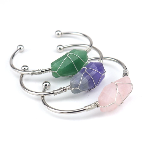 Handgefertigt Kupfer Drahtumwickelt Natur Kristall Manschette Armband Damen Hexaeder Rohstein Verstellbar Offen Armreif Schmuck Geschenk