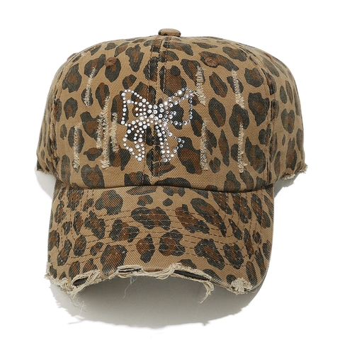 Baseball Cap Leopard Print Rhinestone Butterfly Distressed Cotton Canvas Adjustable Hat For Women Streetwear