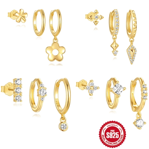 S925 Sterling Silver Flower Zirconia Earrings For Women Gold Plated Geometric Stud Hoop Earring Jewelry Combination Gift