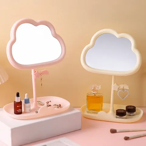 Miroir De Maquillage De Bureau En Forme De Nuage Rotatif Cadre En PP Avec Plateau De Rangement Crochets Bijoux Style Dessin Animé Filles