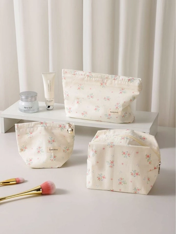 Floral Cosmetic Bag Jacquard Fabric Makeup Organizer Portable Large Capacity Travel Toiletry Pouch Korean Style Women