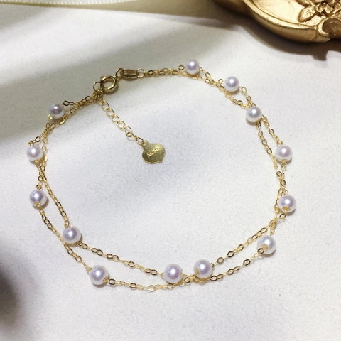 Double Layer Freshwater Pearl Bracelet 18K Gold Fine Chain Starry Round Pearl Heart Pendant Adjustable Jewelry For Women