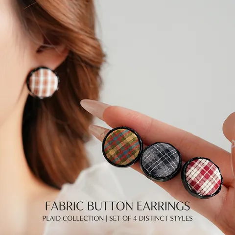 Boucles D'oreilles Rondes En Tissu Écossais Avec Tige En Argent Style Rétro Alliage Géométrique Accessoires Pour Femmes