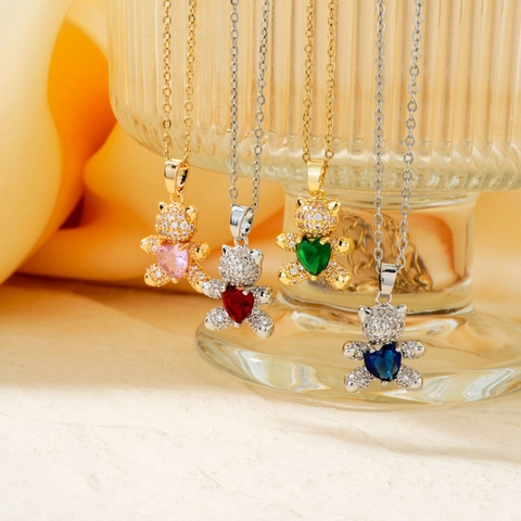 Fashion Commuting Stainless Steel Teddy Bear Heart Zirconia Pendant Necklace Multicolor Rhinestone Clavicle Chain Jewelry