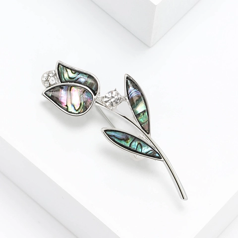 Broche de Tulipán de Aleación Vintage Con Concha Irisada y Diamantes de Imitación Plateado Elegante Broche Botánico para Mujer Joyería
