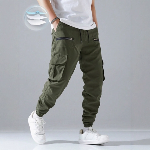 Pantaloni Cargo Jogger Da Uomo Tasche Multiple Leggero Vita Elastica Coulisse Outdoor Casual Tinta Unita
