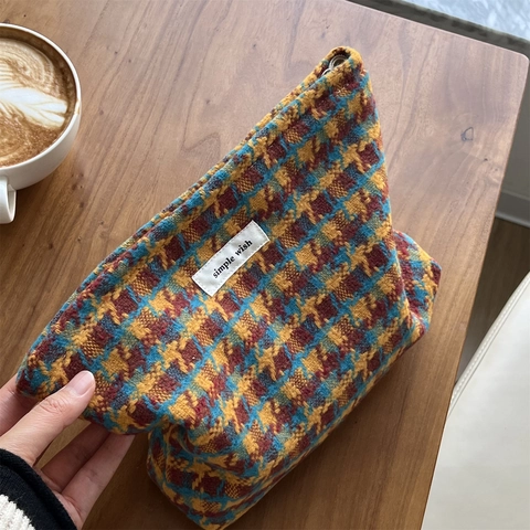 Damen Karierte Tweed Kosmetiktasche Retro Hahnentrittmuster Clutch Kulturbeutel Reißverschluss Canvas Futter Große Kapazität Vintage