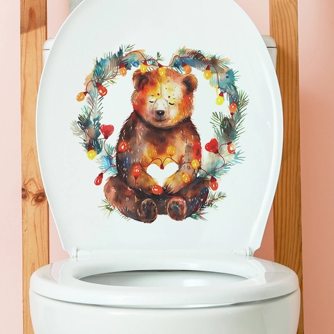 Christmas Bear Heart Toilet Sticker Removable PVC Decal Bathroom Decor Festive Watercolor Style Home Holiday Accessory