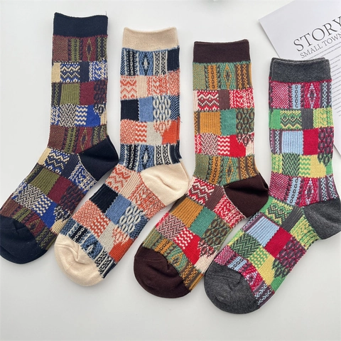 Retro Patchwork Crew Socks Cotton Blend Knit Geometric Plaid Fair Isle Pattern Japanese Style For Men Women