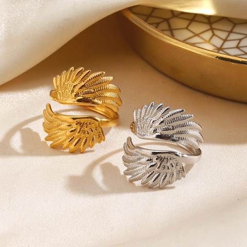 Wing Open Ring Stainless Steel Feather Texture Adjustable Fashion Hip Hop Jewelry For Women