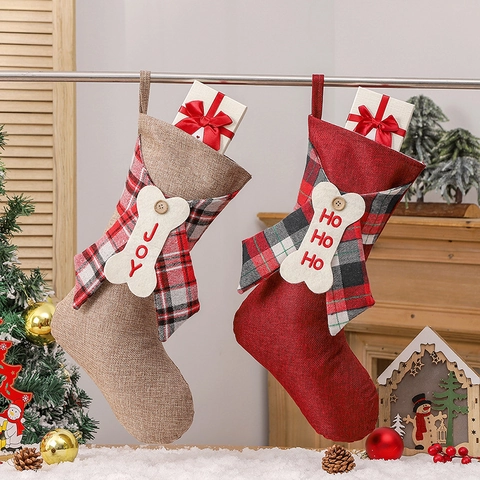 Christmas Stocking Faux Linen Burlap Plaid Bow Bone Tag JOY HO HO HO Embroidery Holiday Fireplace Tree Hanging Decoration Farmhouse