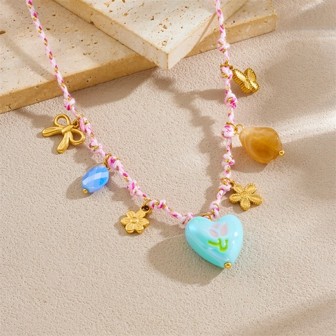 Collar Con Colgante Cuerda Trenzada Acero Inoxidable Corazón Flor Mariposa Lazo Cuentas Coloridas Estilo Dulce Para Mujeres