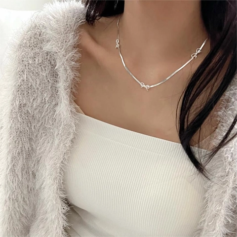 925 Sterling Silber Schleife Halskette Flache Schlangenkette Minimalistischer Koreanischer Stil Schmuck Für Frauen