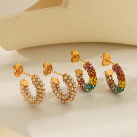 Elegant C Shape Hoop Earrings For Women Gold Plated Stainless Steel With Sparkling Rhinestones And Faux Artificial Pearls Jewelry