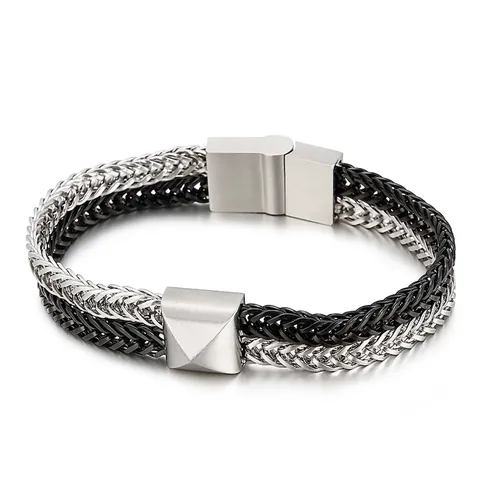 Herren Edelstahl Armband Zweifarbig Geflochten Geometrische Pyramide Magnetverschluss Hip Hop Punk Schmuck