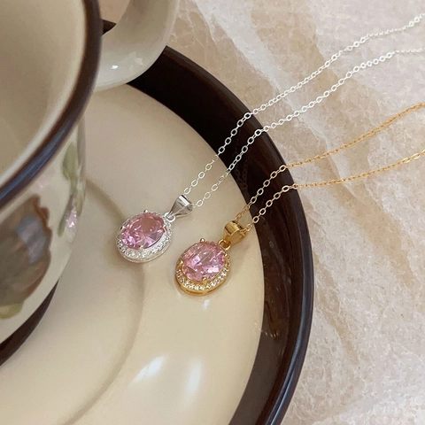 Elegante Collar Con Colgante De Circón Rosa Ovalado Plata De Ley 925 Halo Circonita Cúbica Joyería Minimalista Coreana