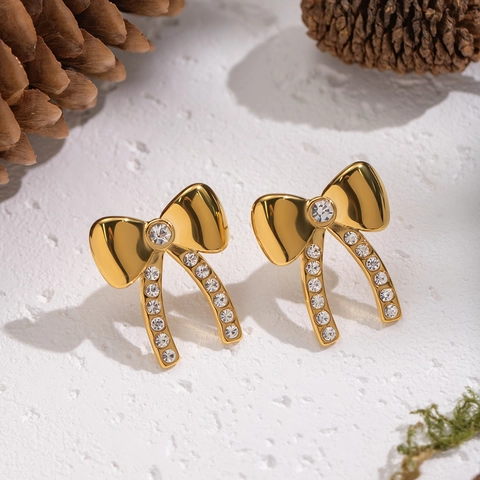 Bow Knot Stud Earrings Stainless Steel 18K Gold Plated Rhinestone Waterproof Hypoallergenic Fashion Jewelry For Women