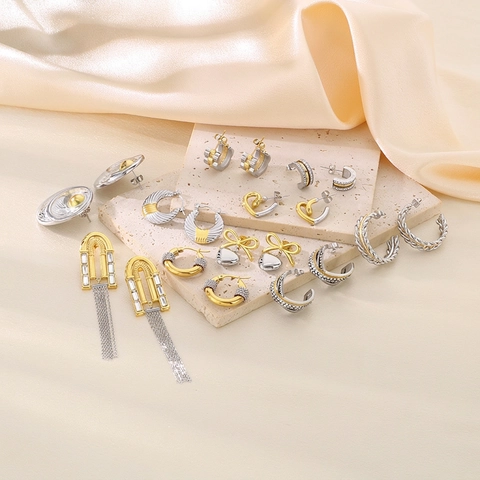 Stainless Steel Heart Rhinestone Earrings European Style Gold Silver Two Tone Bow Knot Tassel Roman Numeral Stud Hoop Earrings For Women Jewelry