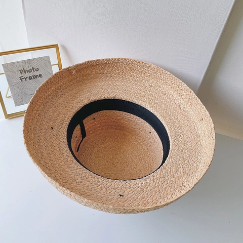 Women Raffia Straw Boater Hat Wide Brim Sun Protection Beach Vacation Elegant Vintage With Black Bowknot Ribbon