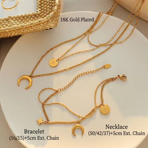 Collana Multistrato E Bracciale Con Ciondoli Stella Luna Sole Acciaio Al Titanio Placcato Oro Accessorio Di Moda Minimalista Per Donna