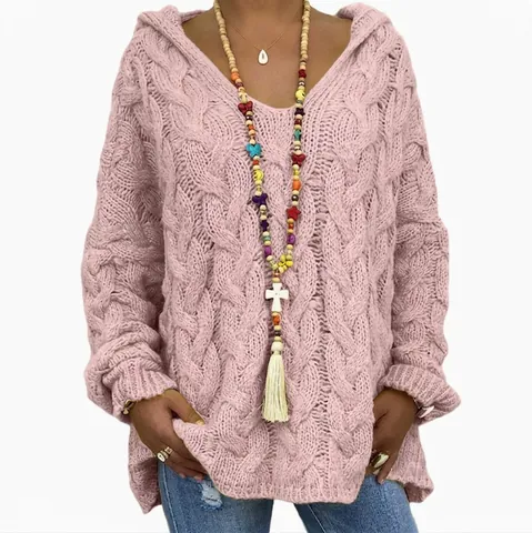 Cable Knit Sweater Hoodie Women Hooded Pullover Long Sleeve Loose Casual Mohair Knitted Top