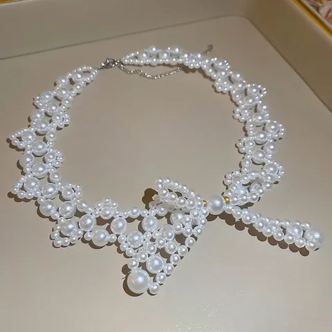 Collana Künstliche Perle Con Fiocco Elegante Vintage Acciaio Inossidabile Intrecciata Pizzo Cavo Catena Clavicola Per Donna Gioielli