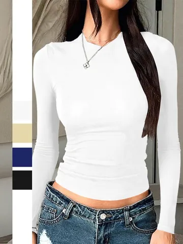 Women Slim Fit T-Shirt Long Sleeve Round Neck Viscose Spandex Solid Color Stretchy Basic Casual Elegant Ribbed Top