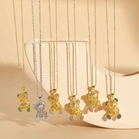 Collier Pendentif Ours Creux Cuivre Plaqué Or 14K Zircon Coloré Bijoux Géométriques Pour Femmes