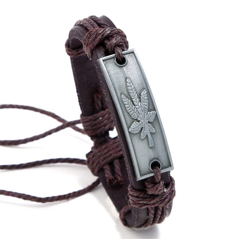 Pulsera Cuero Trenzado Hombres Mujeres Ajustable PU Cuerda Cáñamo Retro Aleación Amuleto Cruz Búho Lobo Étnico Joyería