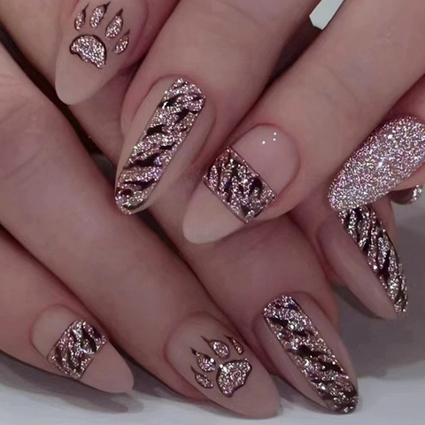 Almond Press On Nails Champagne Leopard Print Glitter Paw Pattern Y2K Spicy Girl Ins Style Manicure Art