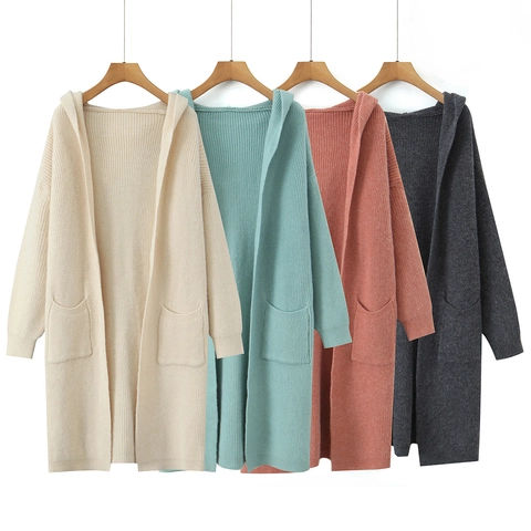 Gilet Long À Capuche Pour Femme En Maille Côtelée Devant Ouvert Pull Avec Poches Couleur Unie Surdimensionné