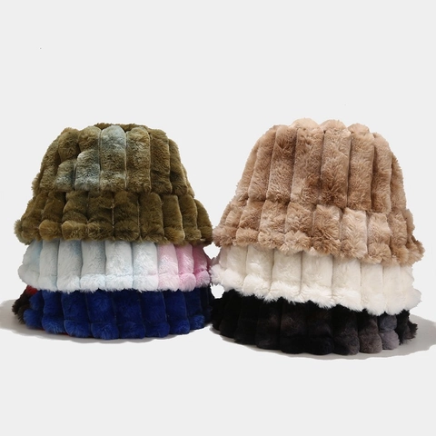 Cappello Bucket In Pelliccia Sintetica Donna Caldo Inverno Tie Dye Righe Verticali Peluche Pescatore Casual