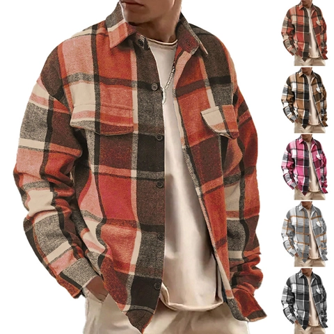 Giacca Camicia A Quadri Da Uomo Manica Lunga Flanella Texture Lanosa Casual Vintage Con Tasche Sul Petto