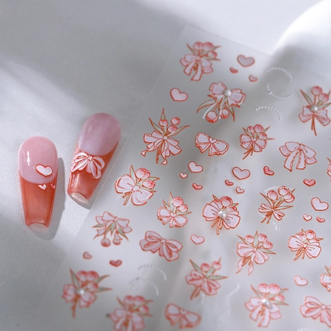 Autocollants Art Ongles Gaufrés 5D Auto Adhésifs Papillon Nœud Tulipe Cœur Dessins Avec Fausses Künstliche Perles Élégant Doux Décor DIY