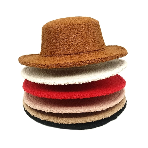 Damen Sherpa Fedora Hut Winter Warm Teddy Fleece Flachdeckel Breitkrempiger Jazz Hut Französischer Retro Stil Elegant