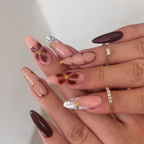Almond Press On Nails French Style Flower Pattern Glossy Marble Texture Elegant False Nail Tips For Women