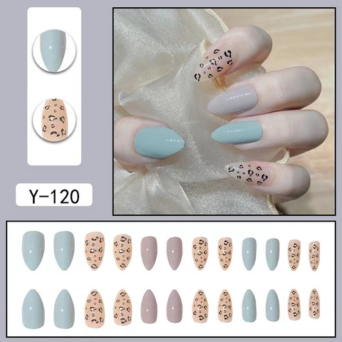 Press On Nails Almond Shape Leopard Print Nude Blue Purple Full Cover Long Artificial Finger Nails For Women Girls