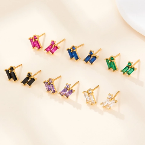 Geometric Cubic Zirconia Stud Earrings With 925 Sterling Silver Earring Post Staggered Baguette Round Stone Jewelry Women