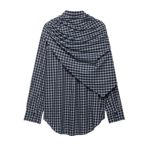 Women Plaid Blouse Shirt Long Sleeve Polyester Checked Asymmetrical Cape Overlay Button Down Chic Elegant Top