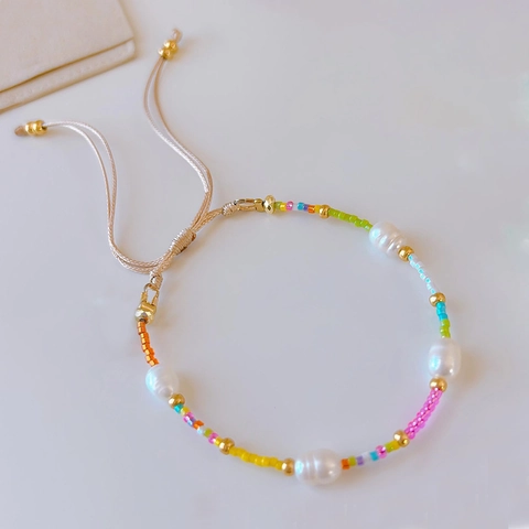 Bohemian Freshwater Pearl Beaded Bracelet Colorful Glass Seed Beads Gold Plated Copper Adjustable Cord For Women Handmade