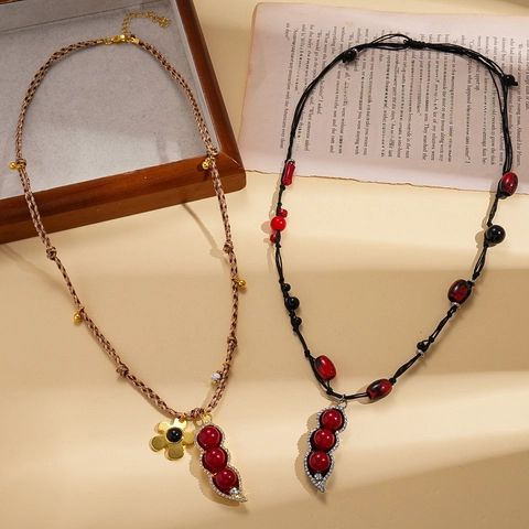 Collana Con Pendente A Baccello Di Pisello Con Perle Rosse Strass Lega Fiore Stile Retro Etnico Catena Maglione Per Donna