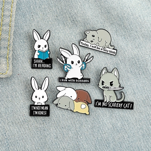Broches Creativos de Esmalte de Animales de Dibujos Animados Pins de Conejo Gato de Aleación Con Eslóganes Divertidos Para Mujeres