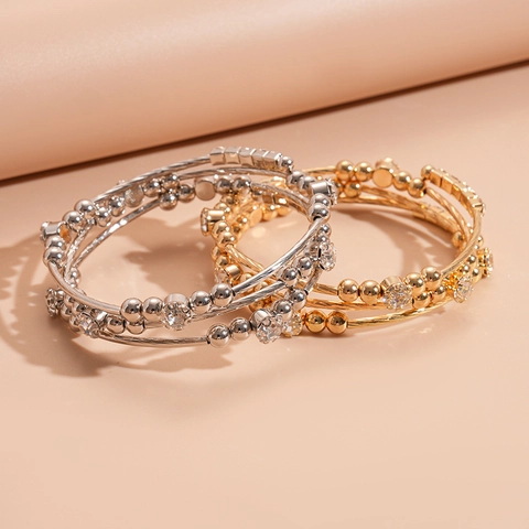 Multi Layer Offener Armreif Eisen Metall Runde Perlen Strass Geometrisch Retro Mode Schmuck Für Damen