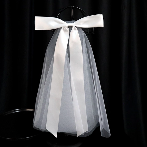 Short Bridal Veil With Big Satin Ribbon Bow Multi-Layer Mesh Fairy Wedding Headpiece For Bride Photography Accessory