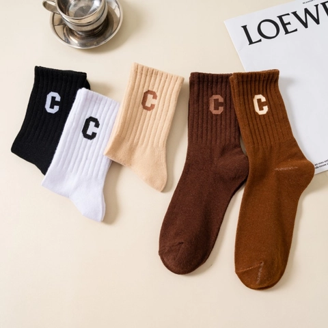 Wadenhohe Crew Socken Baumwollmischung Atmungsaktiv Gerippt C Buchstaben Stickerei Einfarbig Lässig Sport